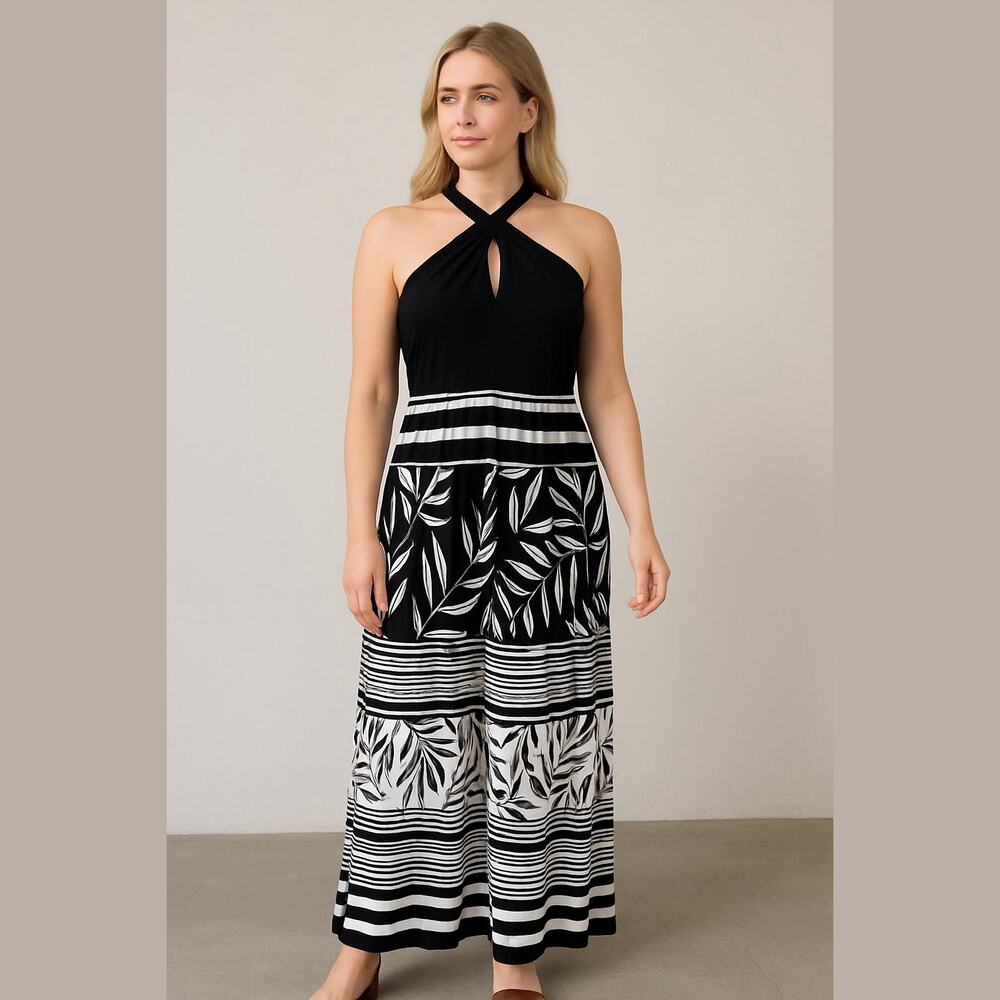 Sandra Darren Black White Floral Striped Knit Sleeveless Halter Maxi Dress 12